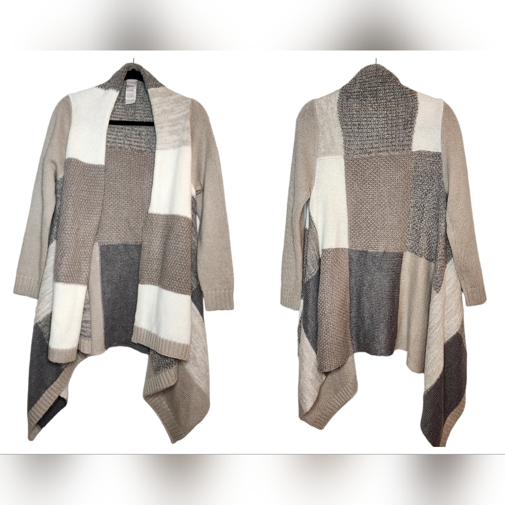 Chico's Drape-Front Neutral Beige Colorblock Soft Knit Open Cardigan Small